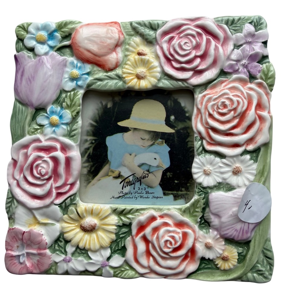 VTG Terragrafics Floral Ceramic Photo Frame For 3x3 Photo Multicolor 1992‎ 3D